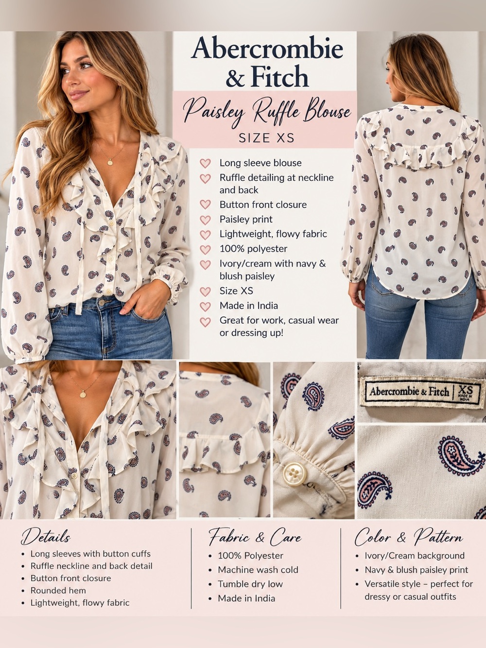 Abercrombie & Fitch Paisley Ruffle Blouse XS cream Navy Long Sleeve
